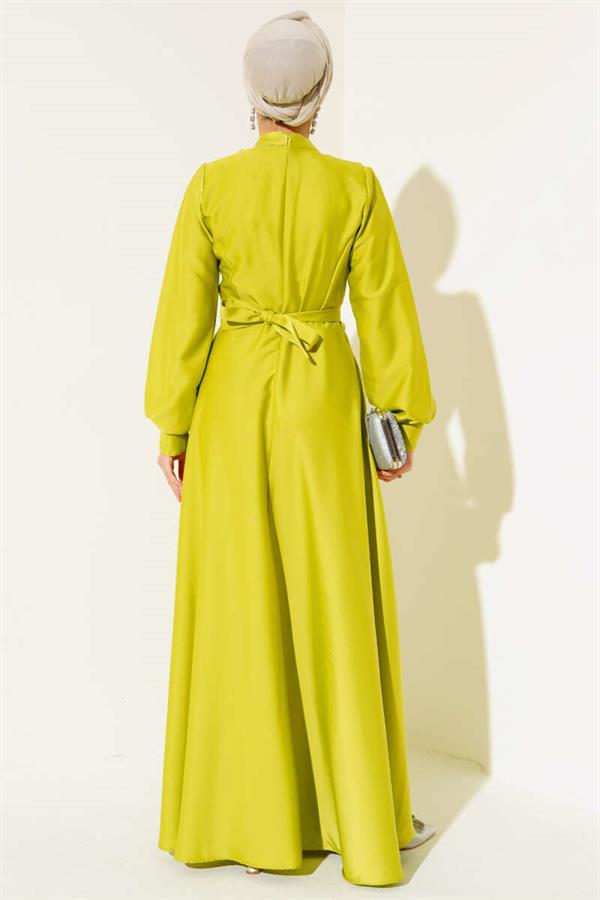 Crisscross Pleated Satin Dress in Oil Green