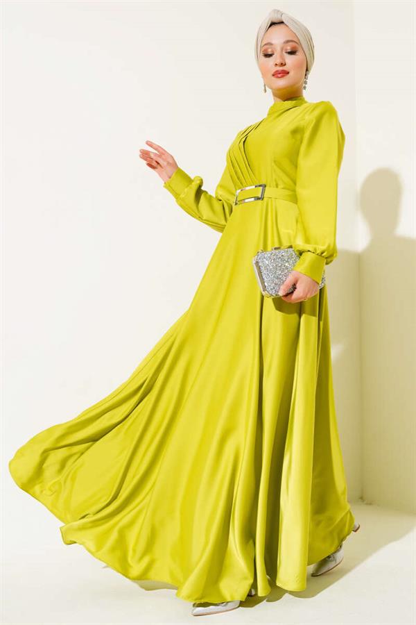 Crisscross Pleated Satin Dress in Oil Green