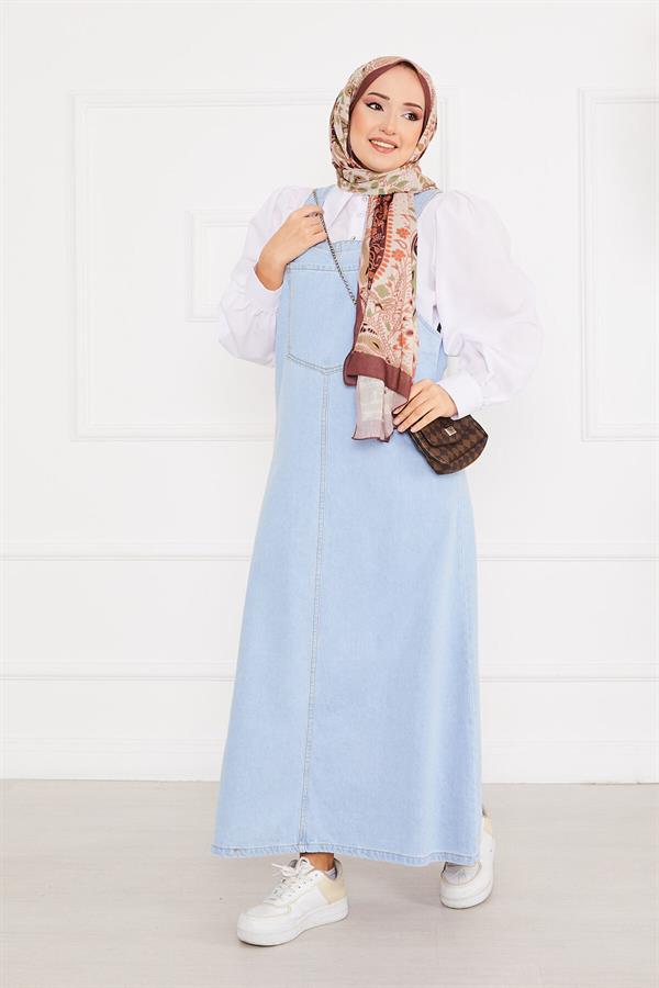 Front Pocket Hijab Denim Overall Dress Light Blue