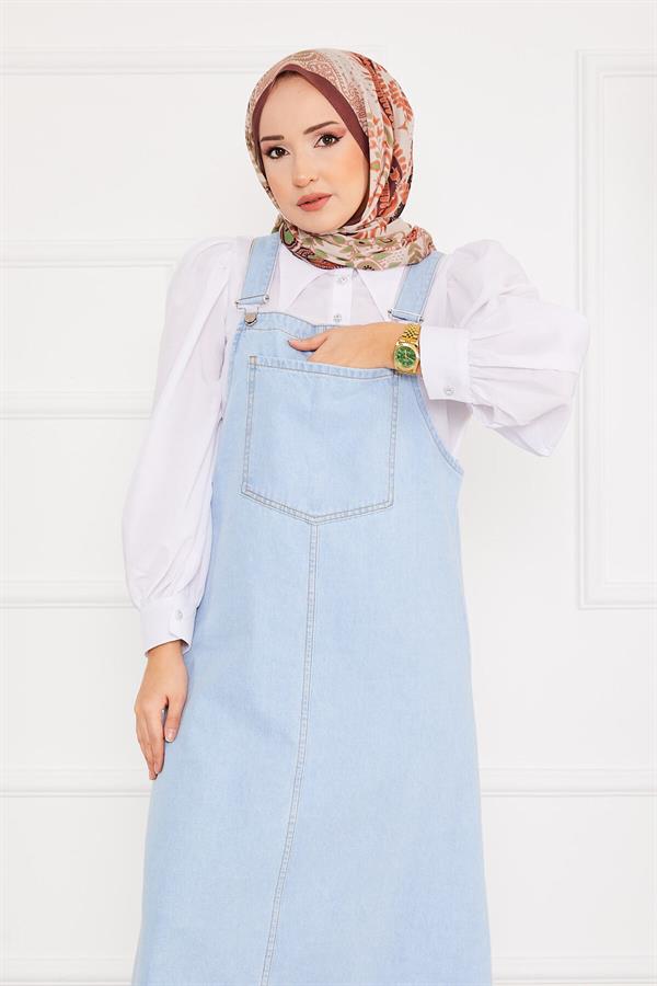 Front Pocket Hijab Denim Overall Dress Light Blue