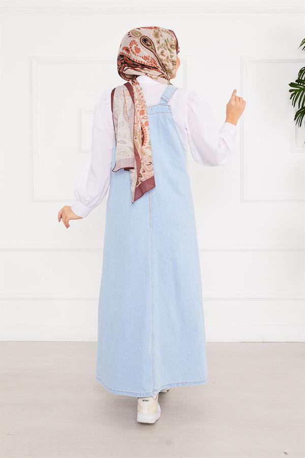 Front Pocket Hijab Denim Overall Dress Light Blue