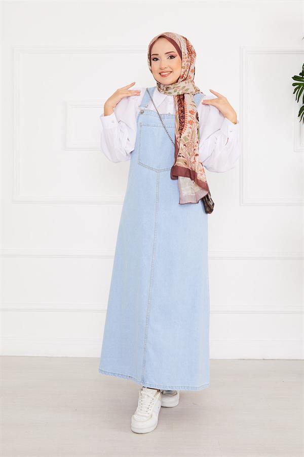 Front Pocket Hijab Denim Overall Dress Light Blue