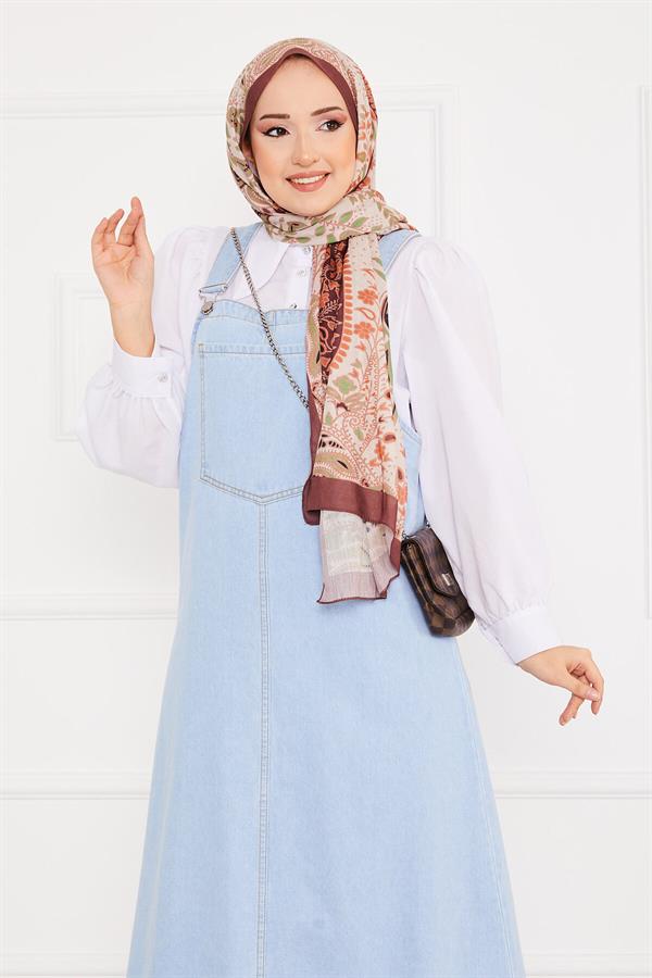 Front Pocket Hijab Denim Overall Dress Light Blue