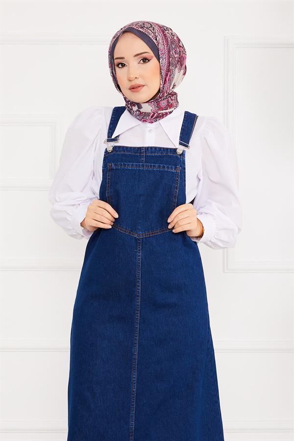 Front Pocket Hijab Denim Overall Dress Dark Blue