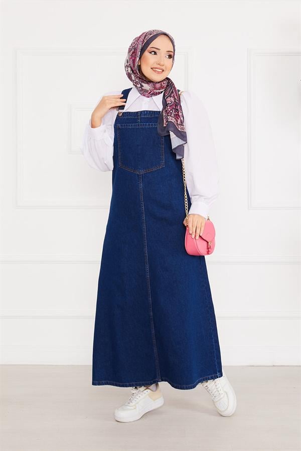 Front Pocket Hijab Denim Overall Dress Dark Blue