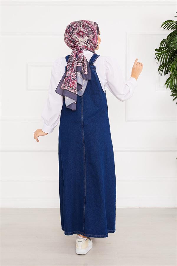 Front Pocket Hijab Denim Overall Dress Dark Blue