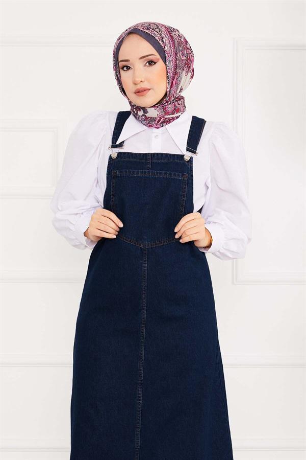 Front Pocket Hijab Denim Overall Dress Navy Blue