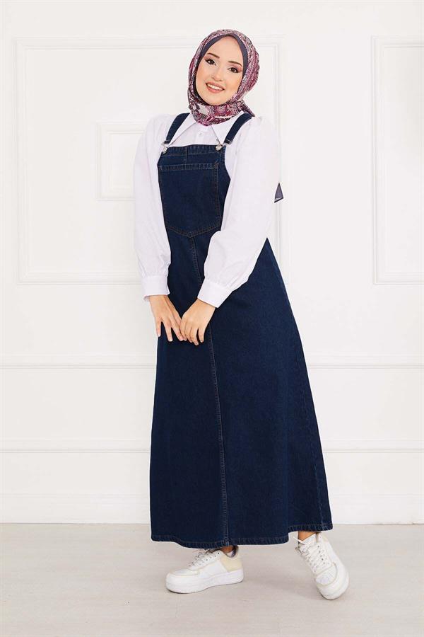 Front Pocket Hijab Denim Overall Dress Navy Blue