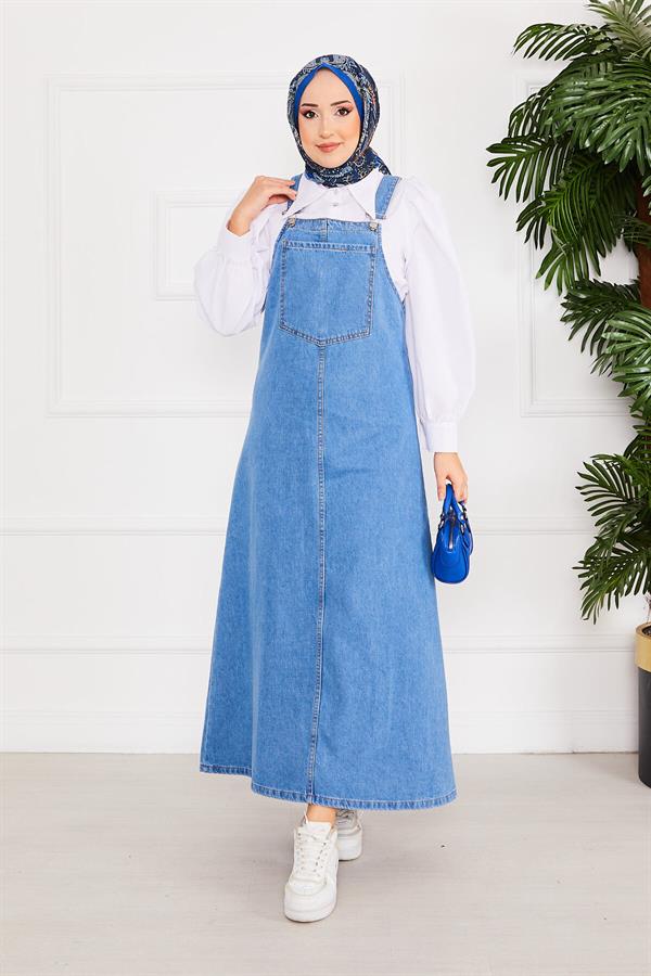 Front Pocket Hijab Denim Overall Dress Blue