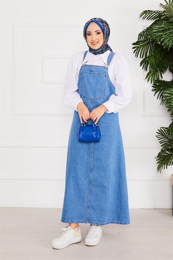 Front Pocket Hijab Denim Overall Dress Blue