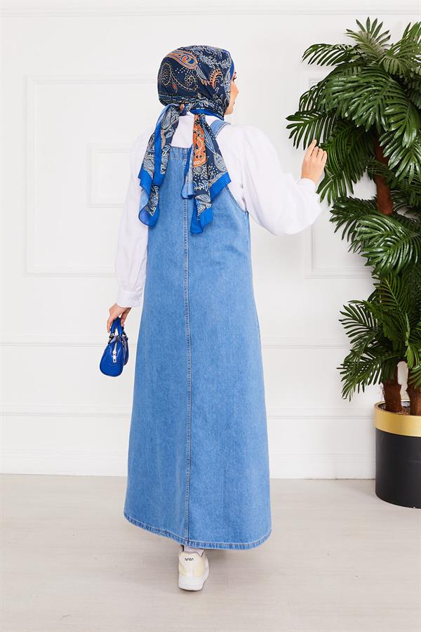 Front Pocket Hijab Denim Overall Dress Blue