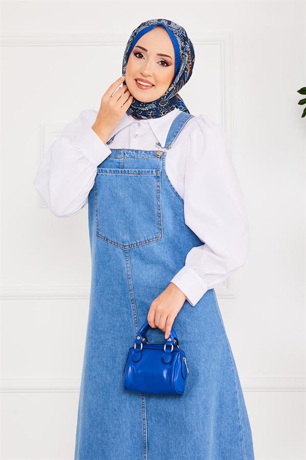 Front Pocket Hijab Denim Overall Dress Blue