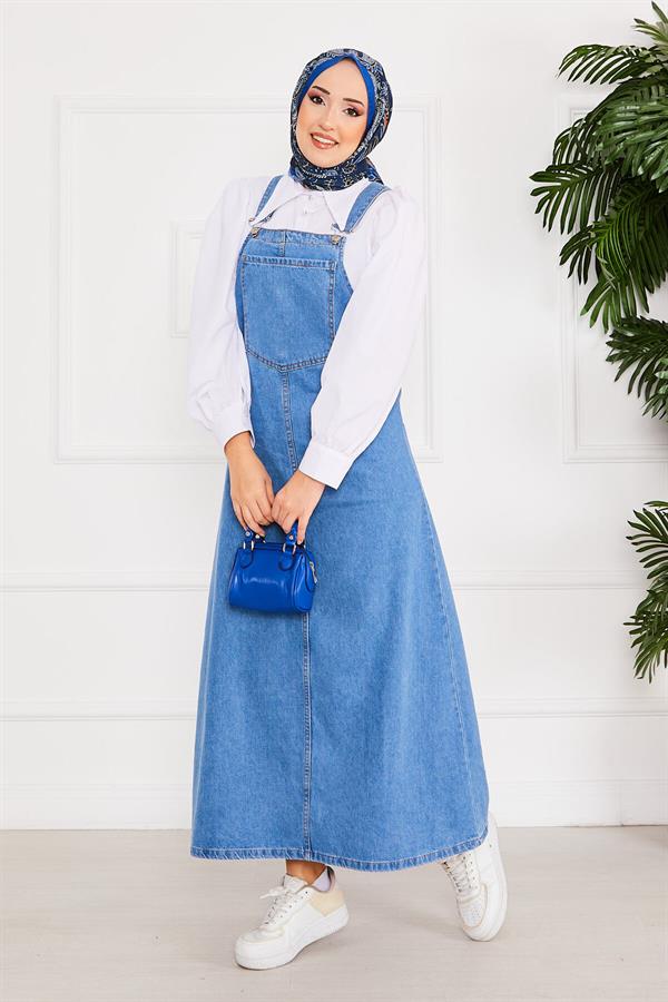 Front Pocket Hijab Denim Overall Dress Blue