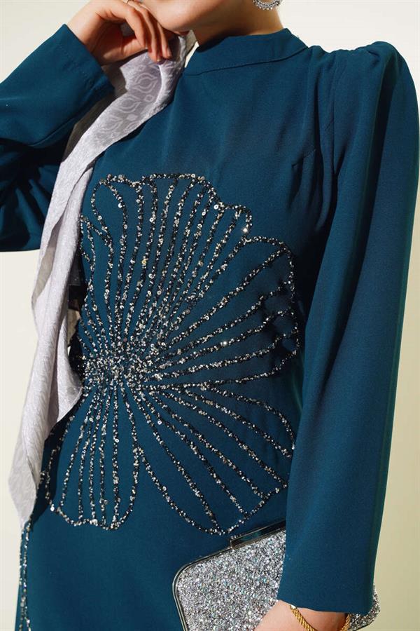 Front Flower Stone Dress Petrol