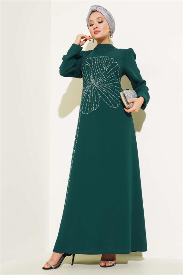 Front Flower Stone Dress Emerald