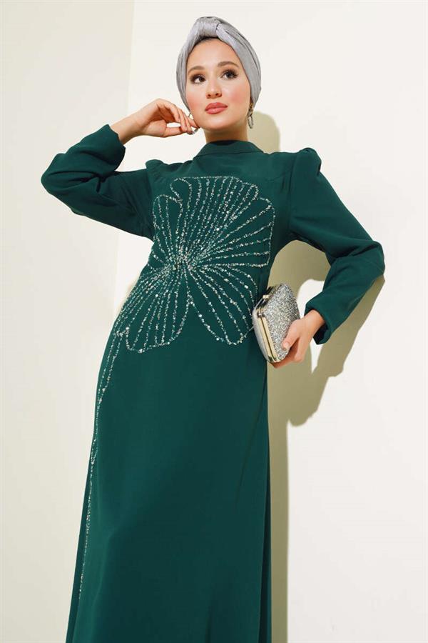 Front Flower Stone Dress Emerald