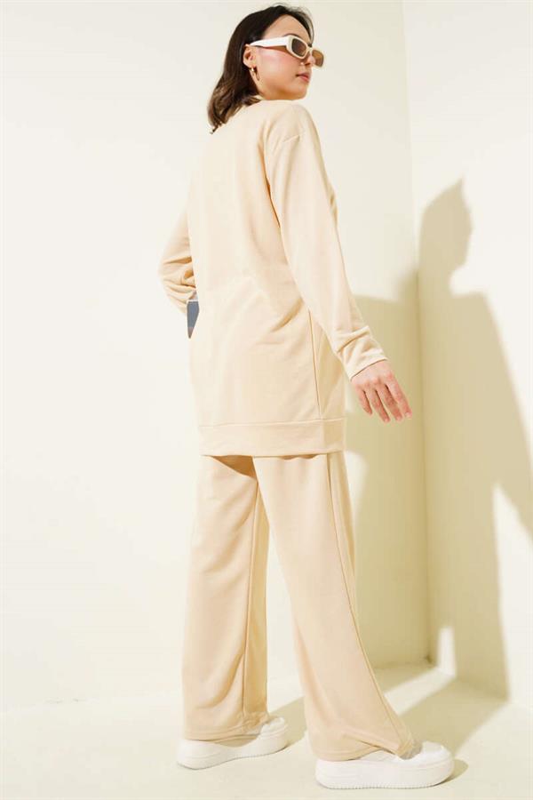 Basic 2 Piece Set with Front Slit Beige