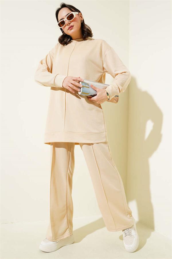 Basic 2 Piece Set with Front Slit Beige