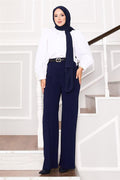 Navy Blue Palazzo Trousers with Elastic Waistband and Front Zipper