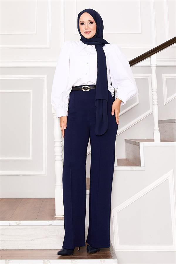 Navy Blue Palazzo Trousers with Elastic Waistband and Front Zipper