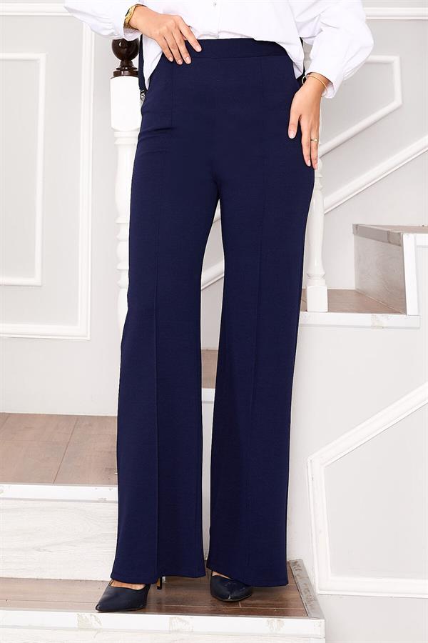 Navy Blue Palazzo Trousers with Elastic Waistband and Front Zipper