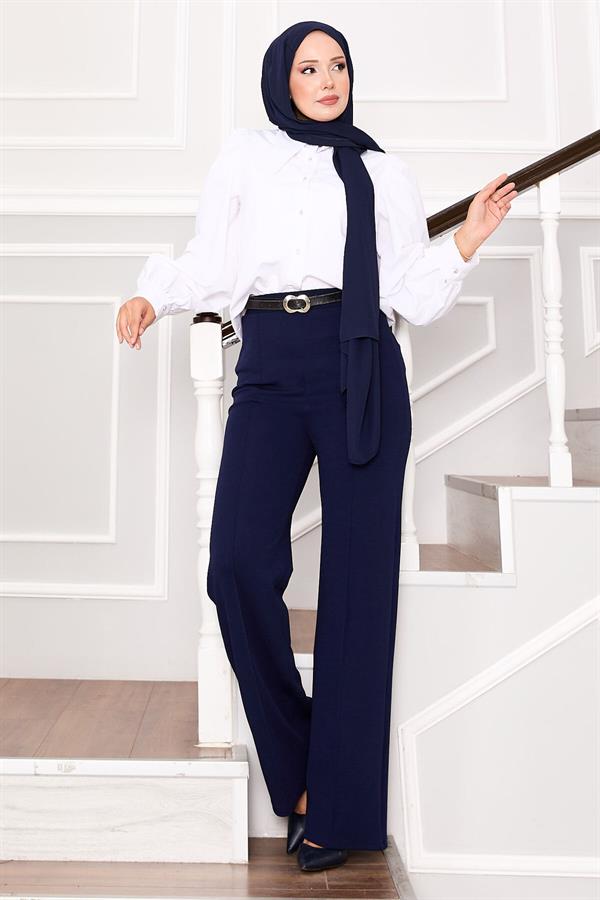 Navy Blue Palazzo Trousers with Elastic Waistband and Front Zipper