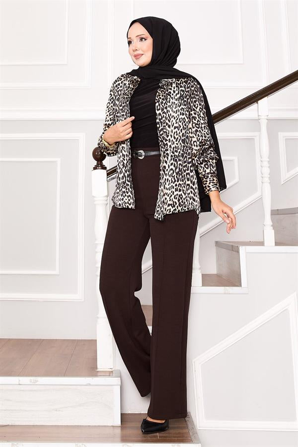 Palazzo Trousers with Elastic Waist and Front Zipper, Brown