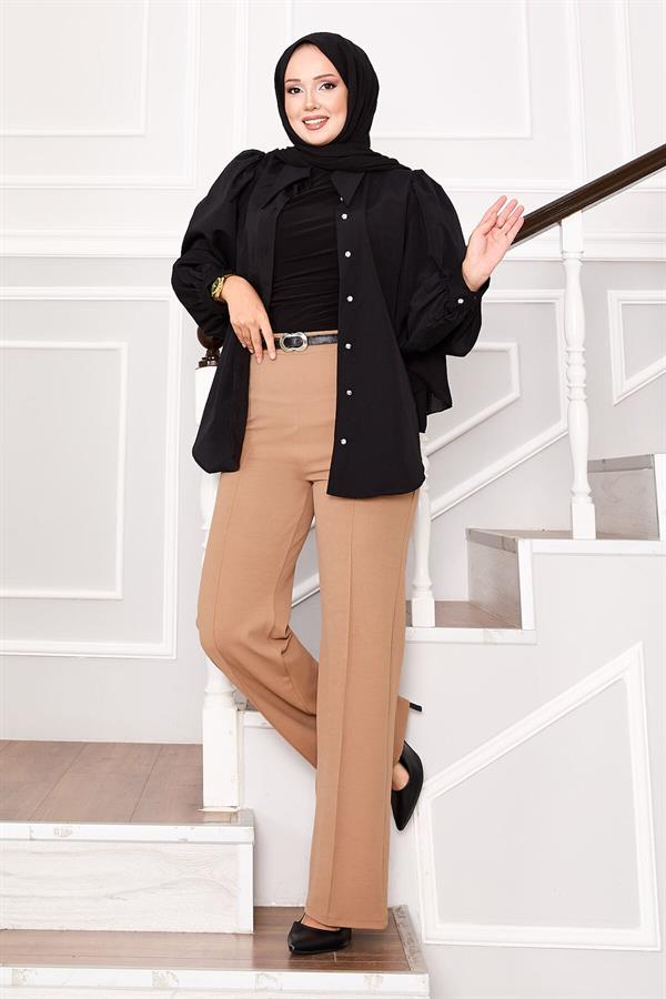 Palazzo Trousers with Elastic Waist and Front Zipper in Camel