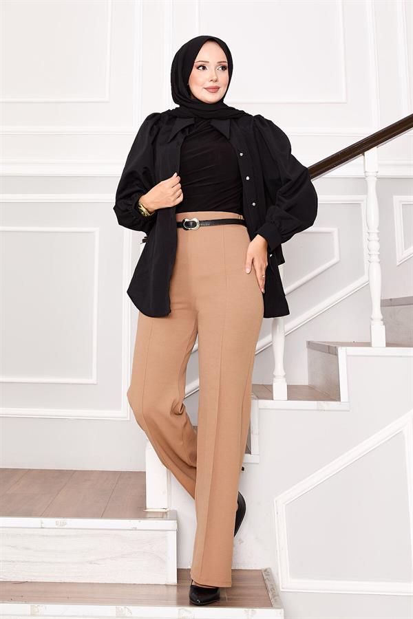 Palazzo Trousers with Elastic Waist and Front Zipper in Camel