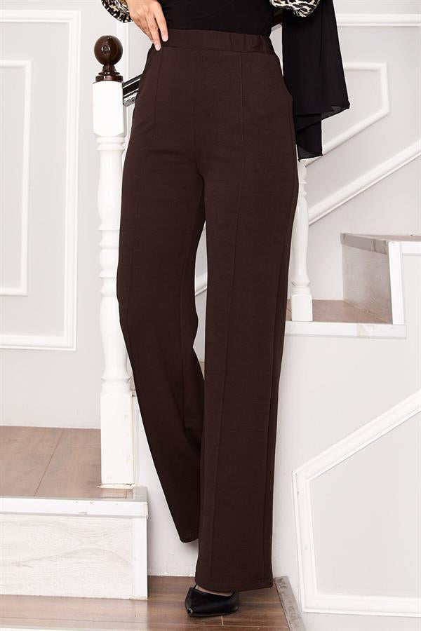 Palazzo Trousers with Elastic Waist and Front Zipper, Brown