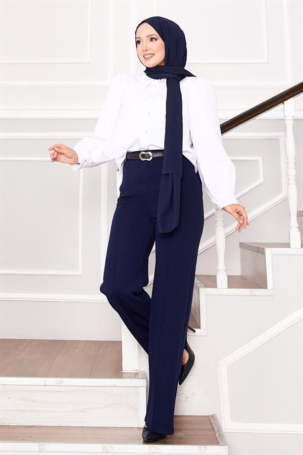 Navy Blue Palazzo Trousers with Elastic Waistband and Front Zipper