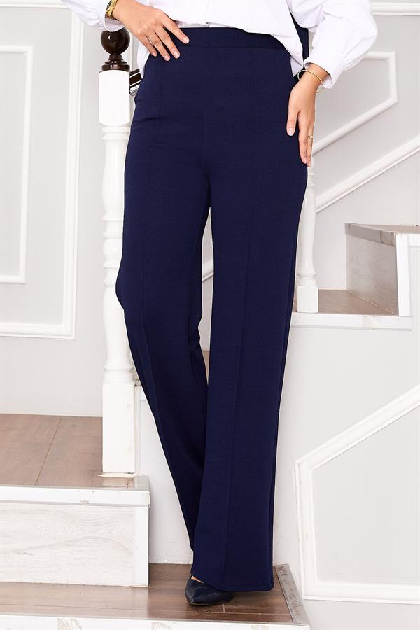Navy Blue Palazzo Trousers with Elastic Waistband and Front Zipper