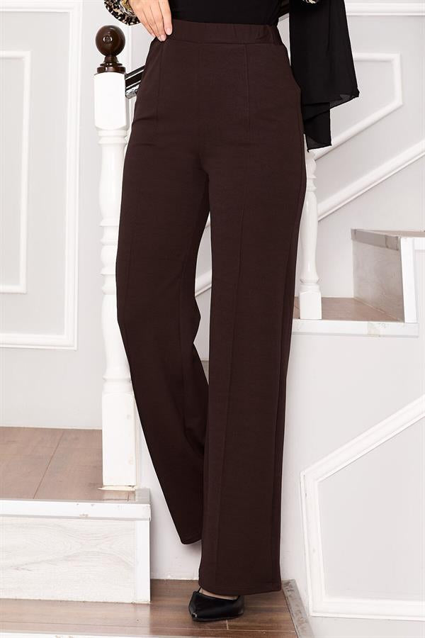 Palazzo Trousers with Elastic Waist and Front Zipper, Brown