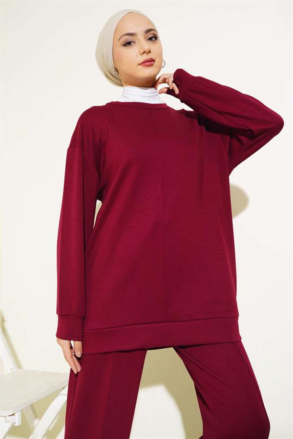 Front Button Tunic Double 2 Piece Set Claret Red