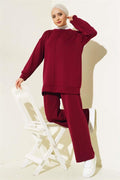 Front Button Tunic Double 2 Piece Set Claret Red