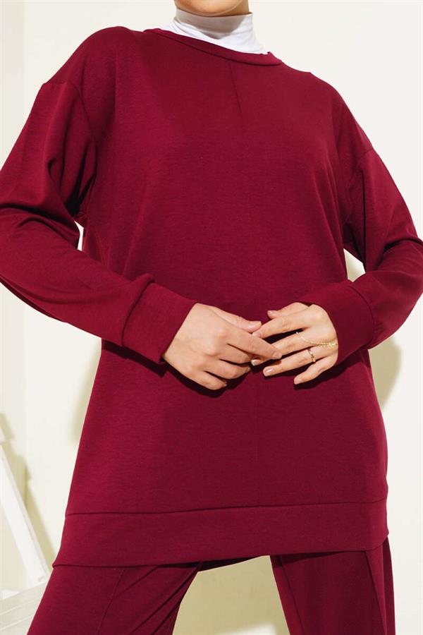 Front Button Tunic Double 2 Piece Set Claret Red