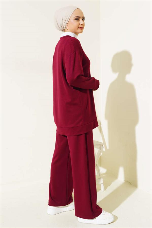 Front Button Tunic Double 2 Piece Set Claret Red