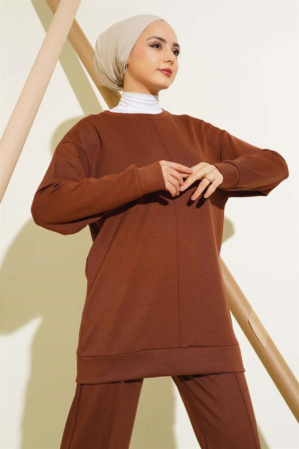 Front Button Tunic 2 Piece Set Brown