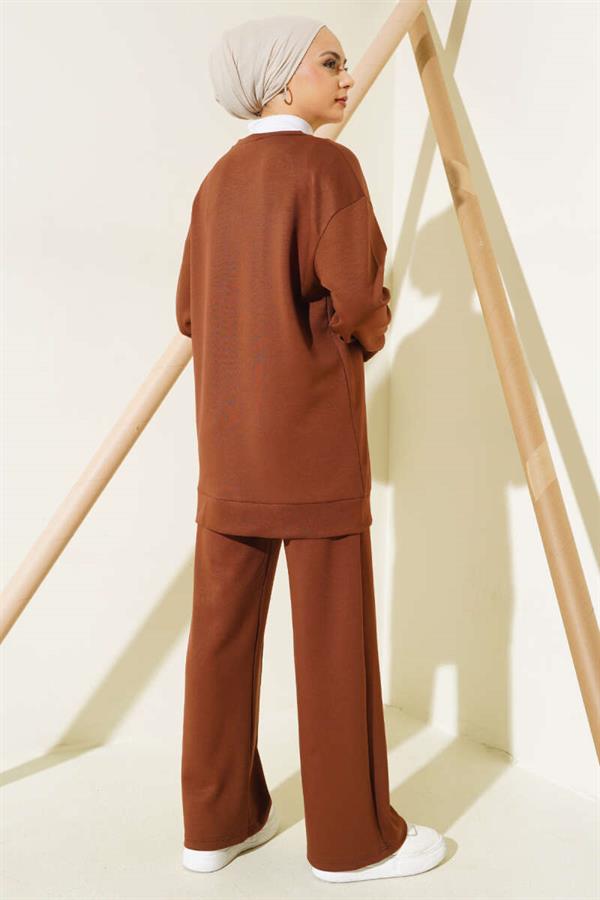 Front Button Tunic 2 Piece Set Brown