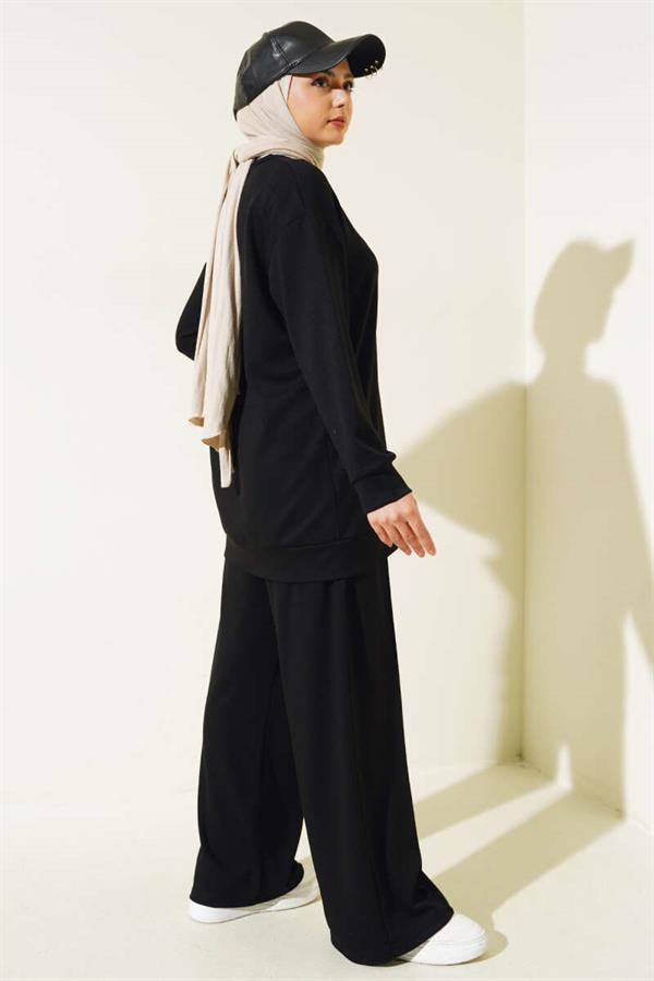 Front Button Tunic 2 Piece Set Black