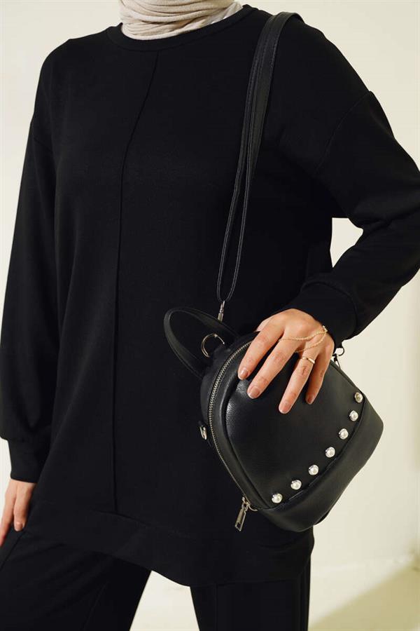 Front Button Tunic 2 Piece Set Black