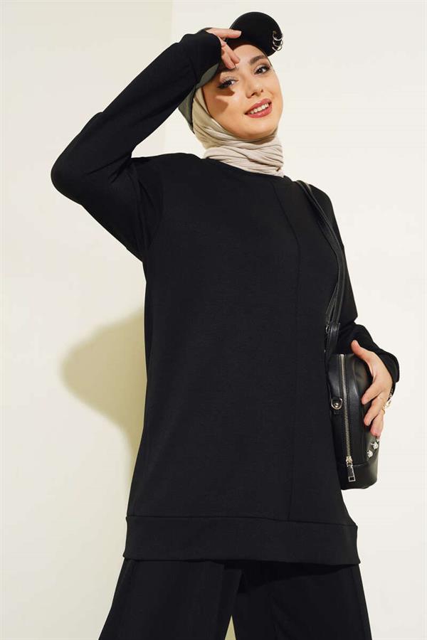 Front Button Tunic 2 Piece Set Black