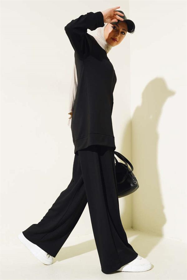 Front Button Tunic 2 Piece Set Black