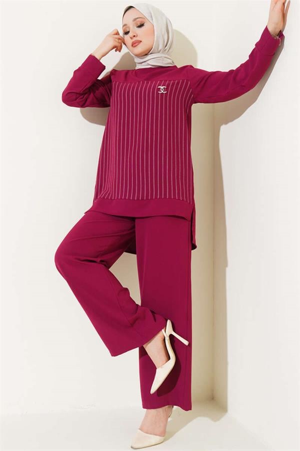 Striped Front 2 Piece Set Burgundy