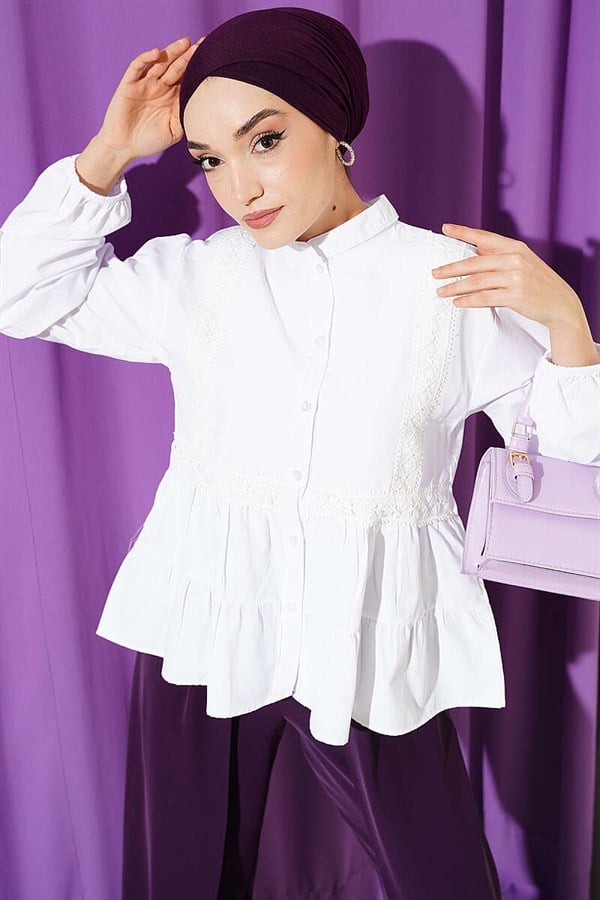 White Short Shirt with Lace Trim Front