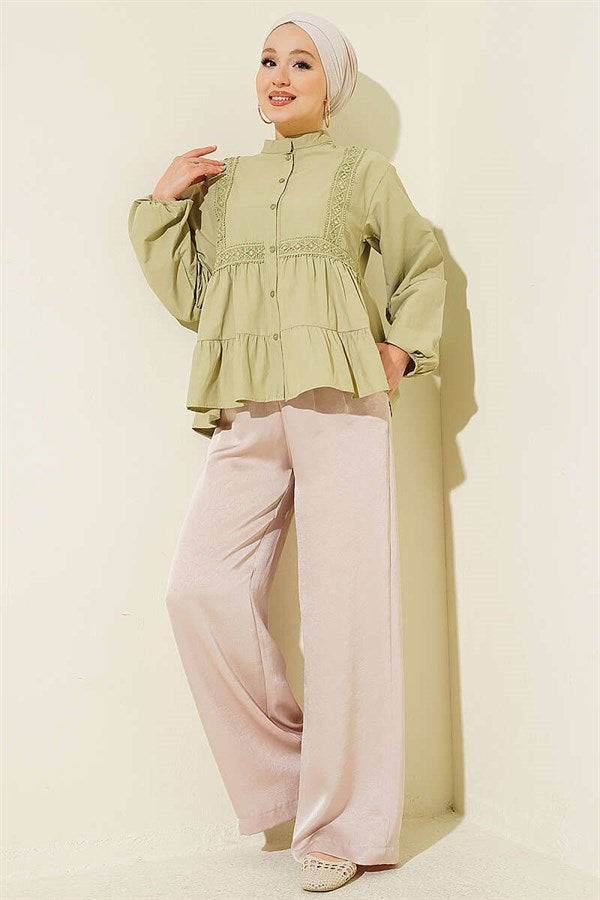 Short Shirt with Lace Trim Front, Light Green