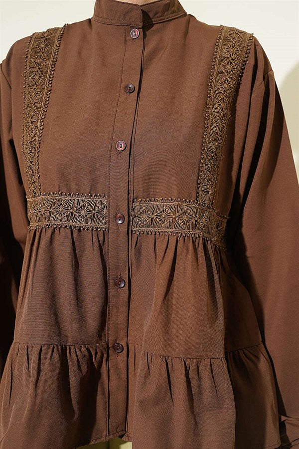 Short Shirt with Lace Trim Front, Brown