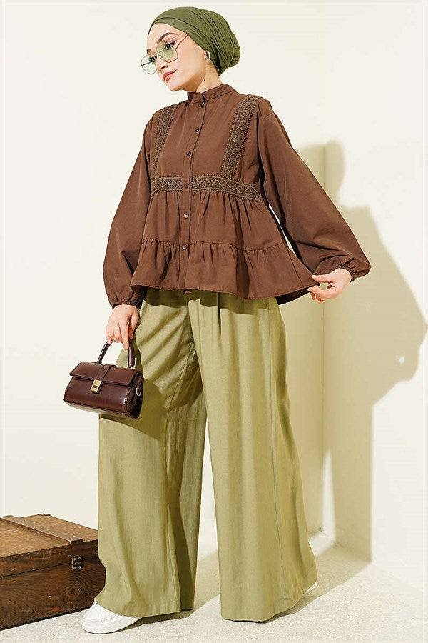 Short Shirt with Lace Trim Front, Brown