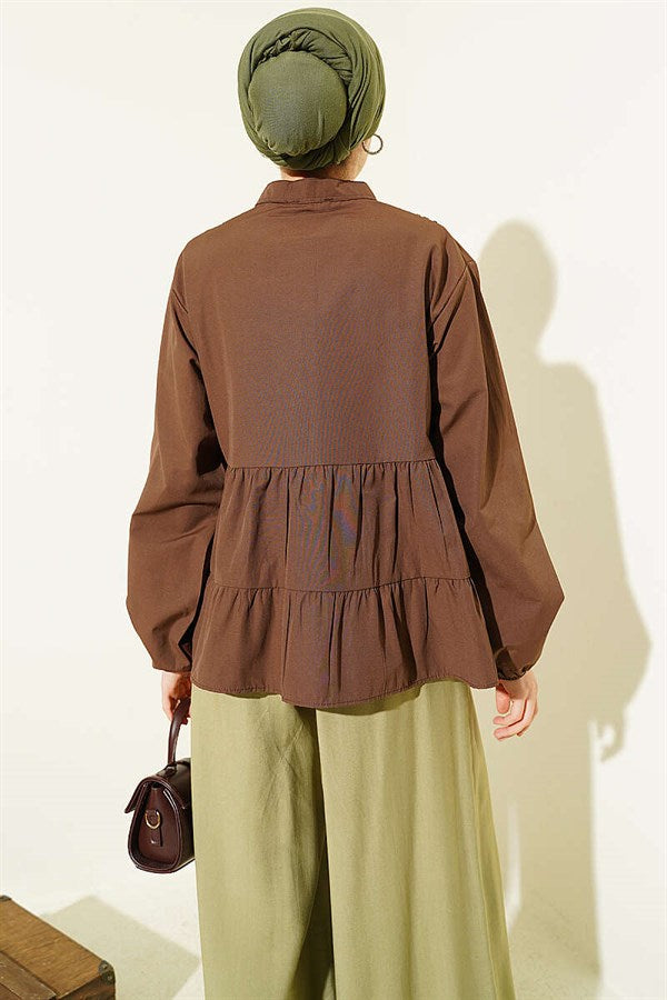 Short Shirt with Lace Trim Front, Brown