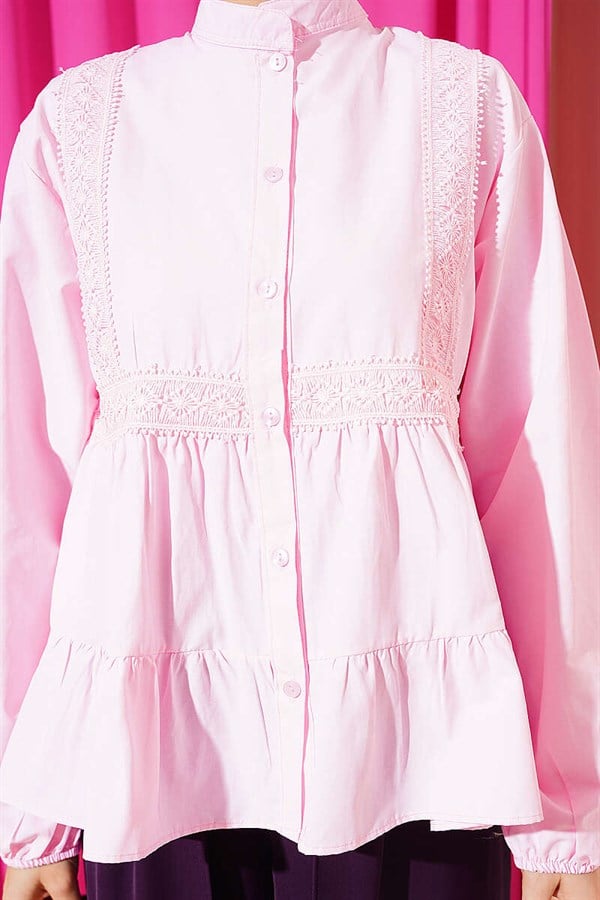 Pink Short Shirt with Lace Trim Front